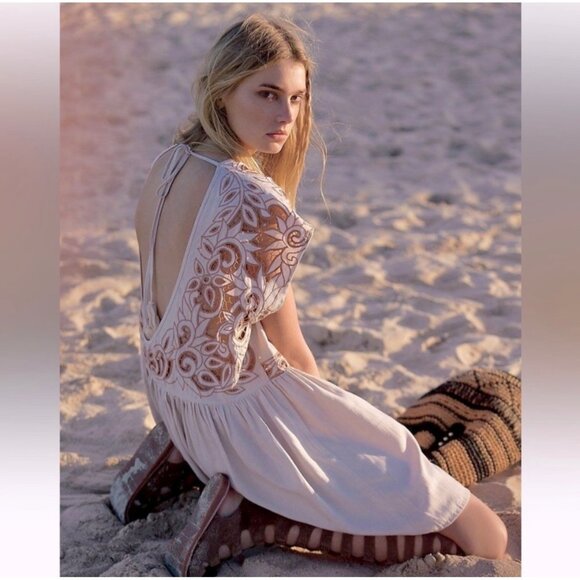 Free People | Ayu XS Boho Hippie Nude Short Sleeve Oversized Tunic Dress Open - Picture 15 of 15